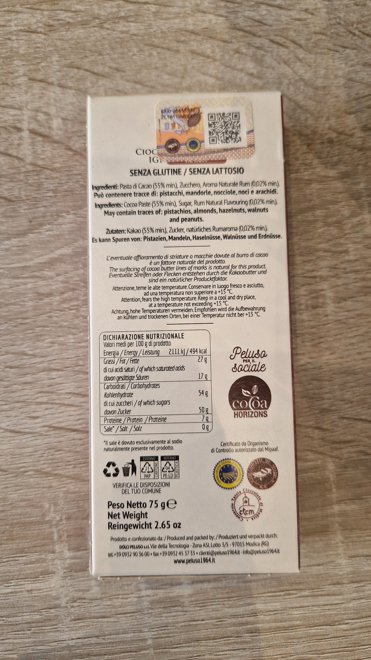 Cioccolato di Modica IGP al Rum – Peluso 1964